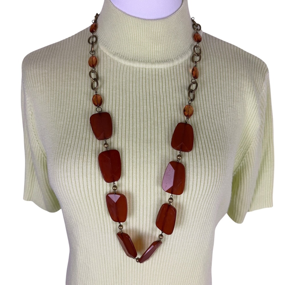 Chunky Burnt Orange Amber Faceted Geometric Bead Statement Necklace 38 Inch Long